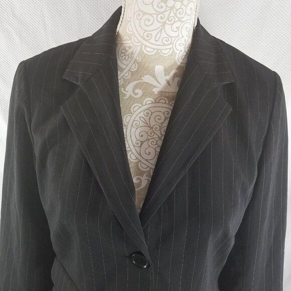 How Wen 10 Black Pinstripe 3 Button Fitted Blazer Jacket Lace Trim - Picture 2 of 10